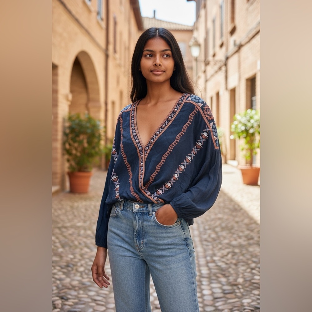 Free People Boho Flowy Embroidered Navy Blue‎ Women's Top